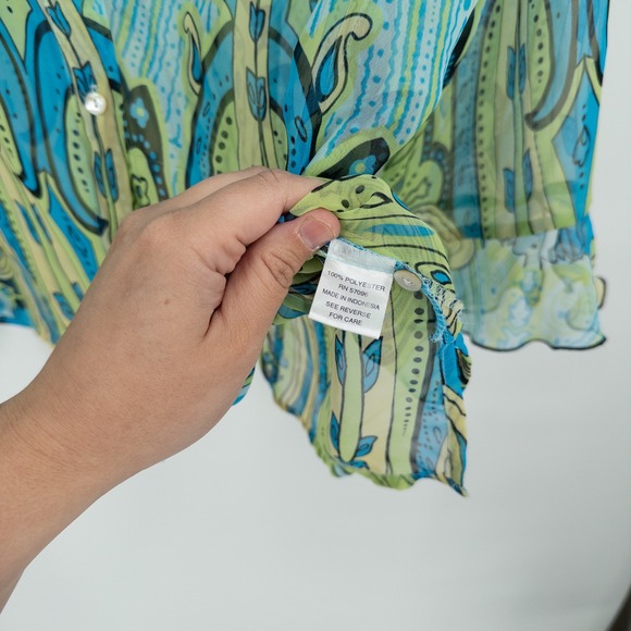 Y2K Sheer Paisley Top Womens L Turquoise Green‎ Boho Flowy Top Retro Peasant - Picture 6 of 11